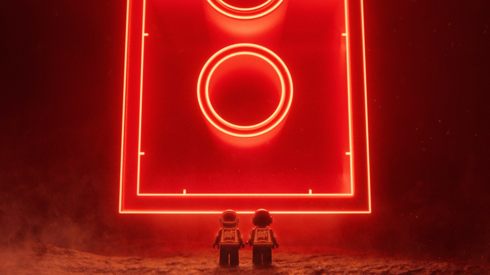 Daft Punk LEGO minifigures standing in front of a glowing red LEGO brick