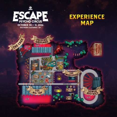 Escape Psycho Circus 2026 Experience Map for NOS Events Center, San Bernardino