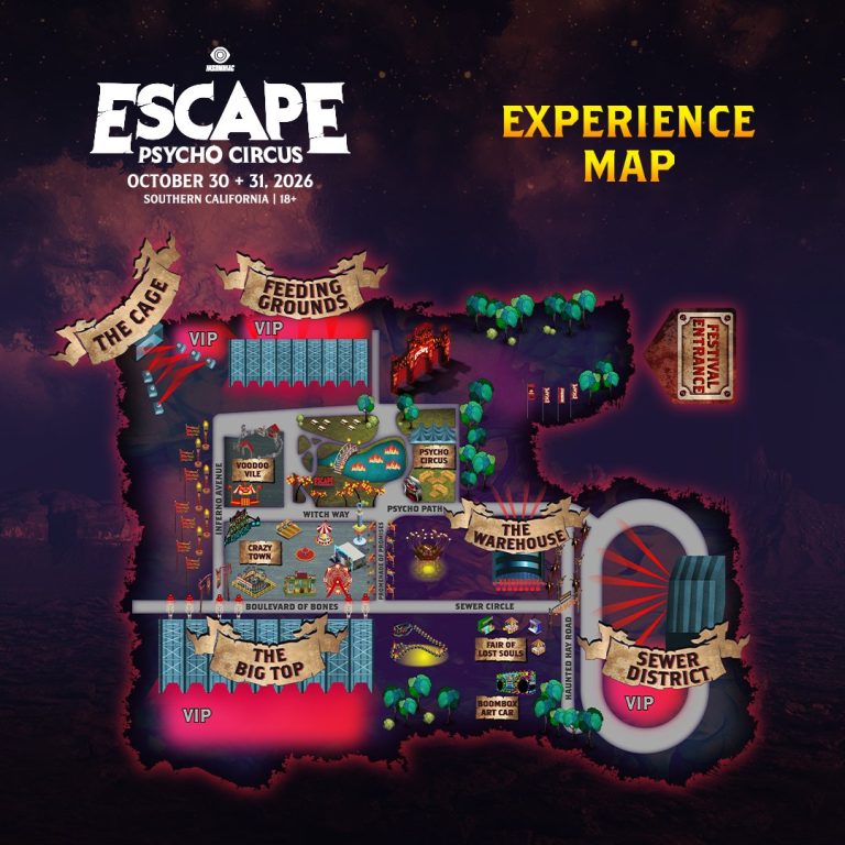 Escape Psycho Circus 2026 Experience Map for NOS Events Center, San Bernardino