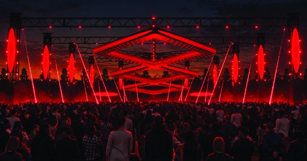 Creamfields Runway 2.0 stage lit red with diamond structures over the crowd