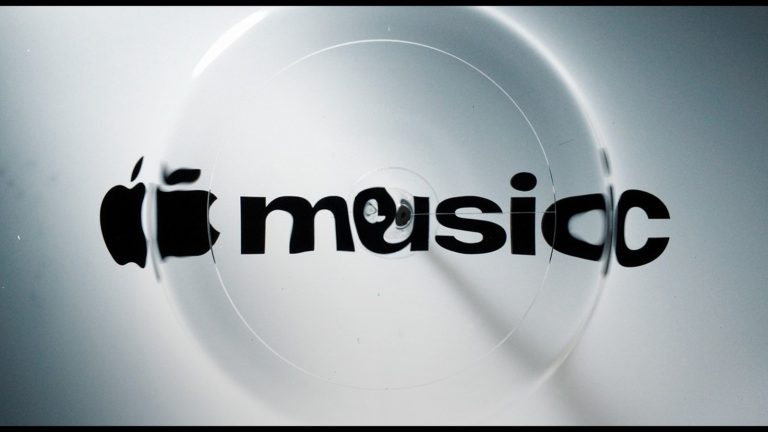 The Apple Music wordmark distorted through rippling liquid in Apple Music's Made by Sound film
