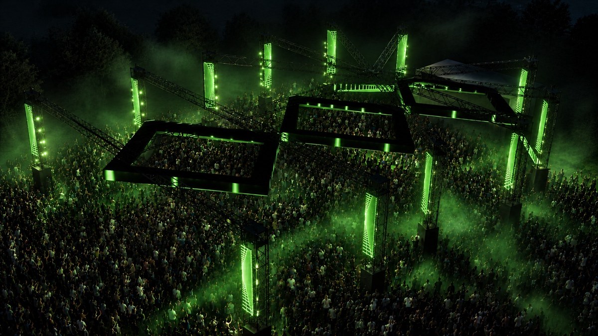 Creamfields Runway 2.0 stage render with three LED diamond structures above the arena
