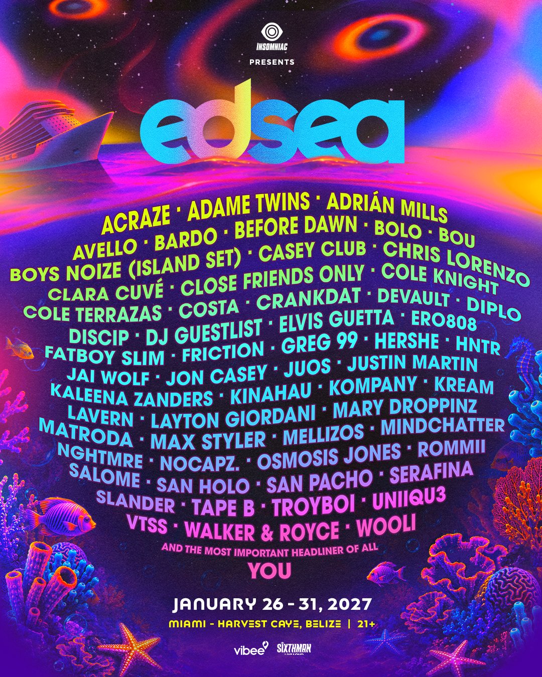 EDSea 2027 lineup poster, Norwegian Joy cruise from Miami to Harvest Caye, Belize, 26–31 January 2027