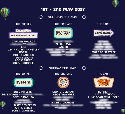 Mint Festival 2027 lineup poster showing phase 1 acts by stage for Saturday 1 and Sunday 2 May