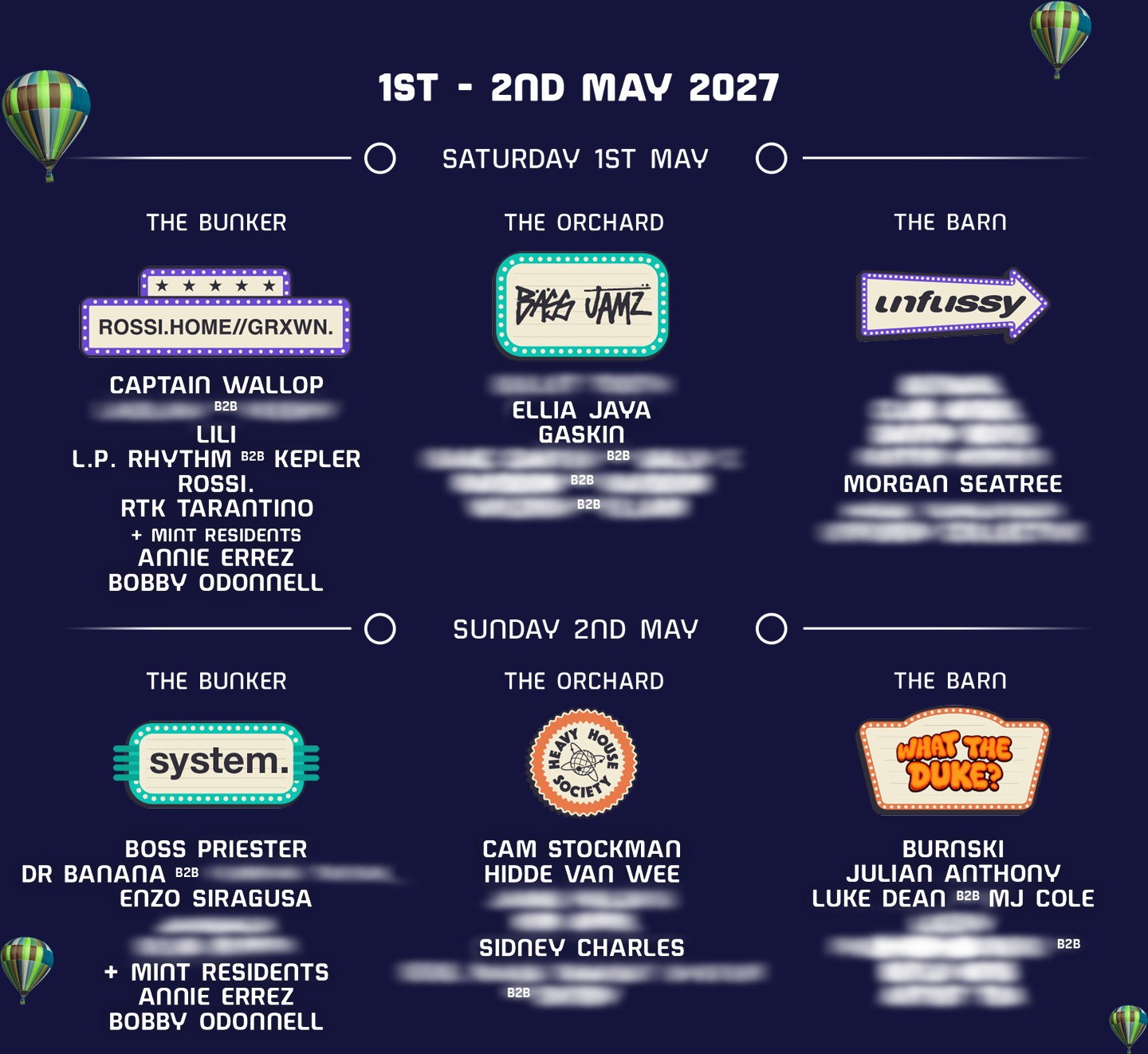 Mint Festival 2027 lineup poster showing phase 1 acts by stage for Saturday 1 and Sunday 2 May