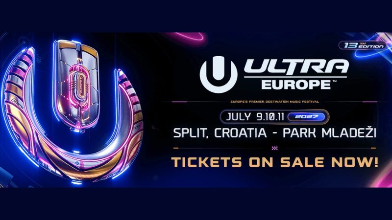 Ultra Europe 2027 key art: the chrome Ultra U logo beside text reading July 9.10.11 2027, Split, Croatia - Park Mladeži, 13th edition