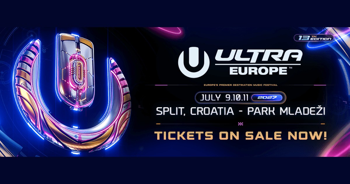 Ultra Europe 2027 key art: the chrome Ultra U logo beside text reading July 9.10.11 2027, Split, Croatia - Park Mladeži, 13th edition