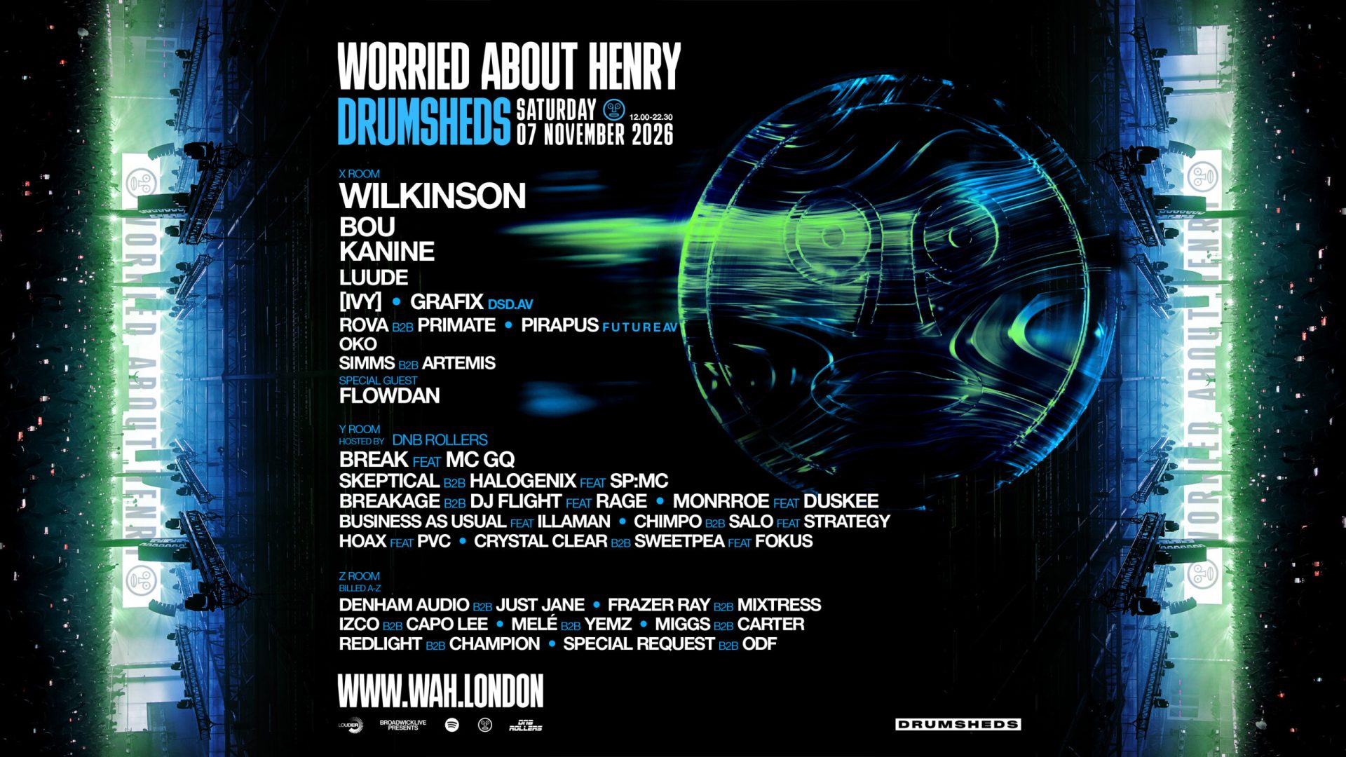 WAH Drumsheds 2026 lineup poster showing the X, Y and Z room artists