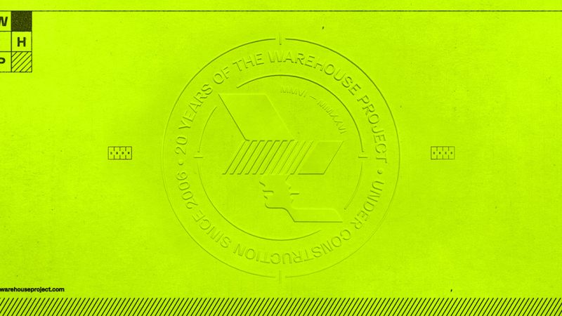 The Warehouse Project 2026 key art: an embossed 20 Years of The Warehouse Project seal reading Under Construction Since 2006 on a lime green background